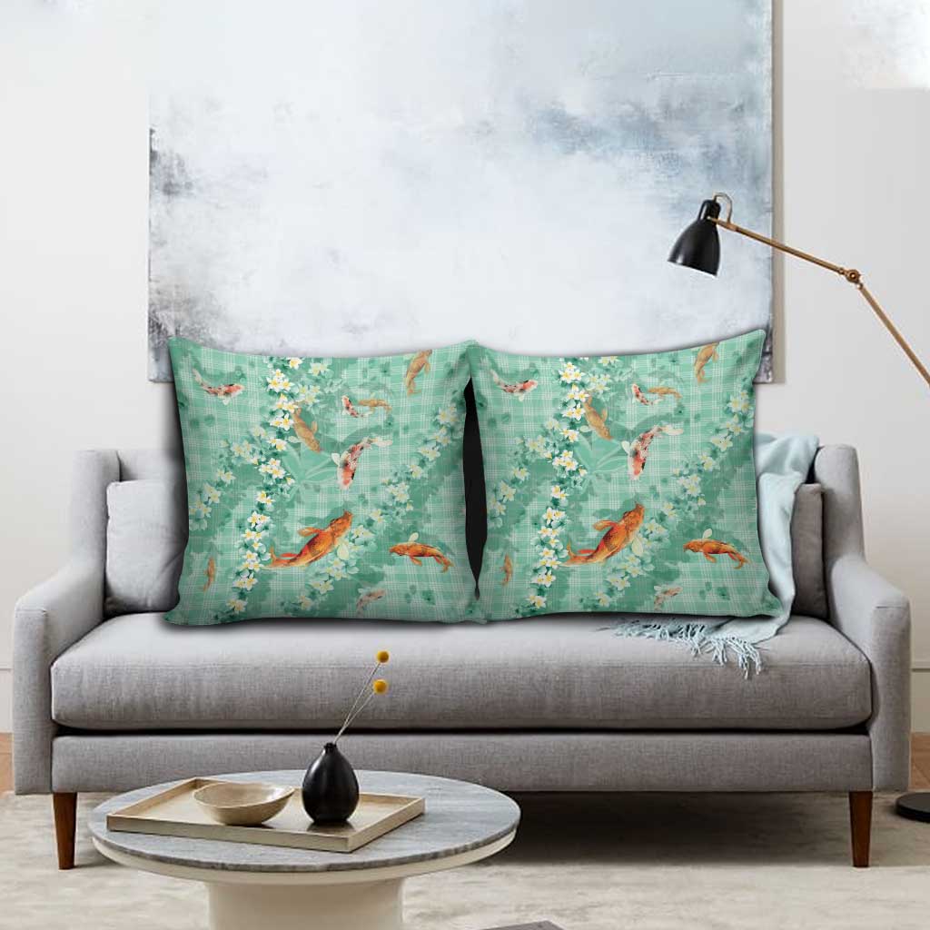 Green Palaka Hawaiian And Japanese Pillow Cover Sakura Lei With Koi Fish - Polynesian Pride