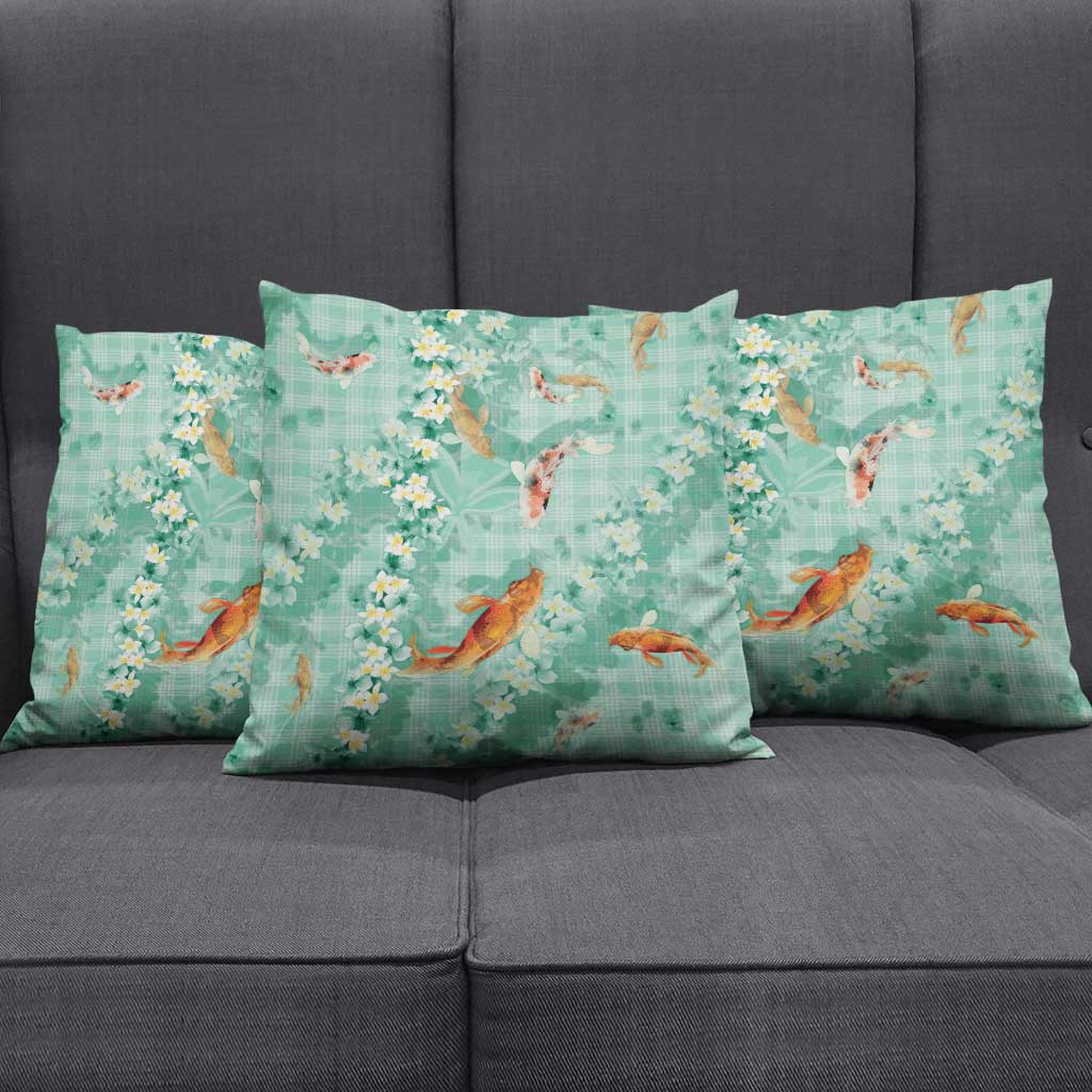 Green Palaka Hawaiian And Japanese Pillow Cover Sakura Lei With Koi Fish - Polynesian Pride