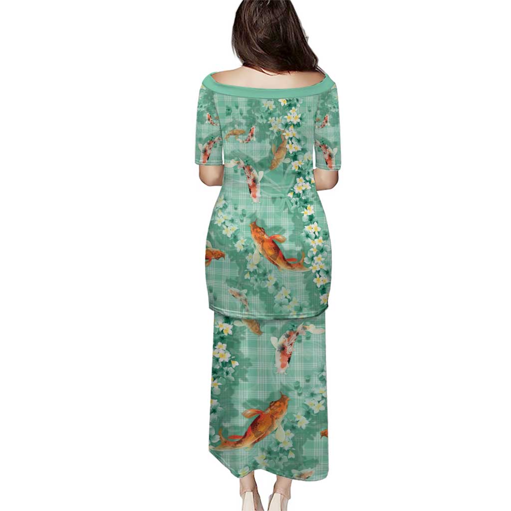 Green Palaka Hawaiian And Japanese Puletasi Sakura Lei With Koi Fish - Polynesian Pride