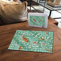 Green Palaka Hawaiian And Japanese Puzzle Sakura Lei With Koi Fish - Polynesian Pride