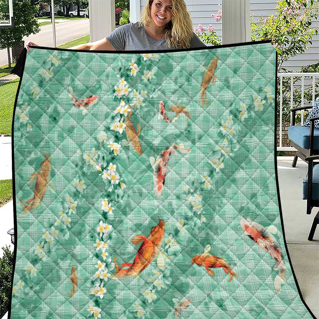 Green Palaka Hawaiian And Japanese Quilt Sakura Lei With Koi Fish DT05 Green - Polynesian Pride