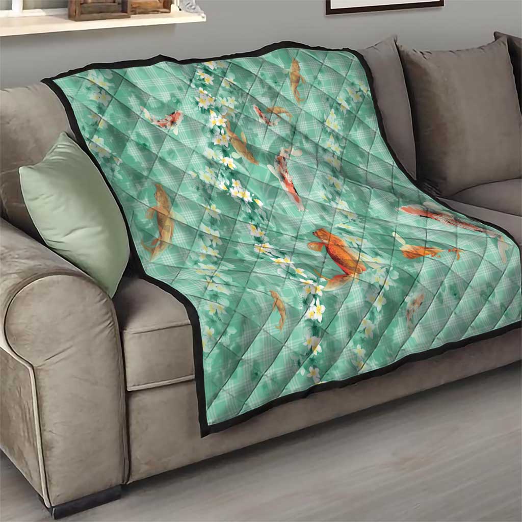 Green Palaka Hawaiian And Japanese Quilt Sakura Lei With Koi Fish - Polynesian Pride
