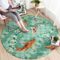 Green Palaka Hawaiian And Japanese Round Carpet Sakura Lei With Koi Fish - Polynesian Pride