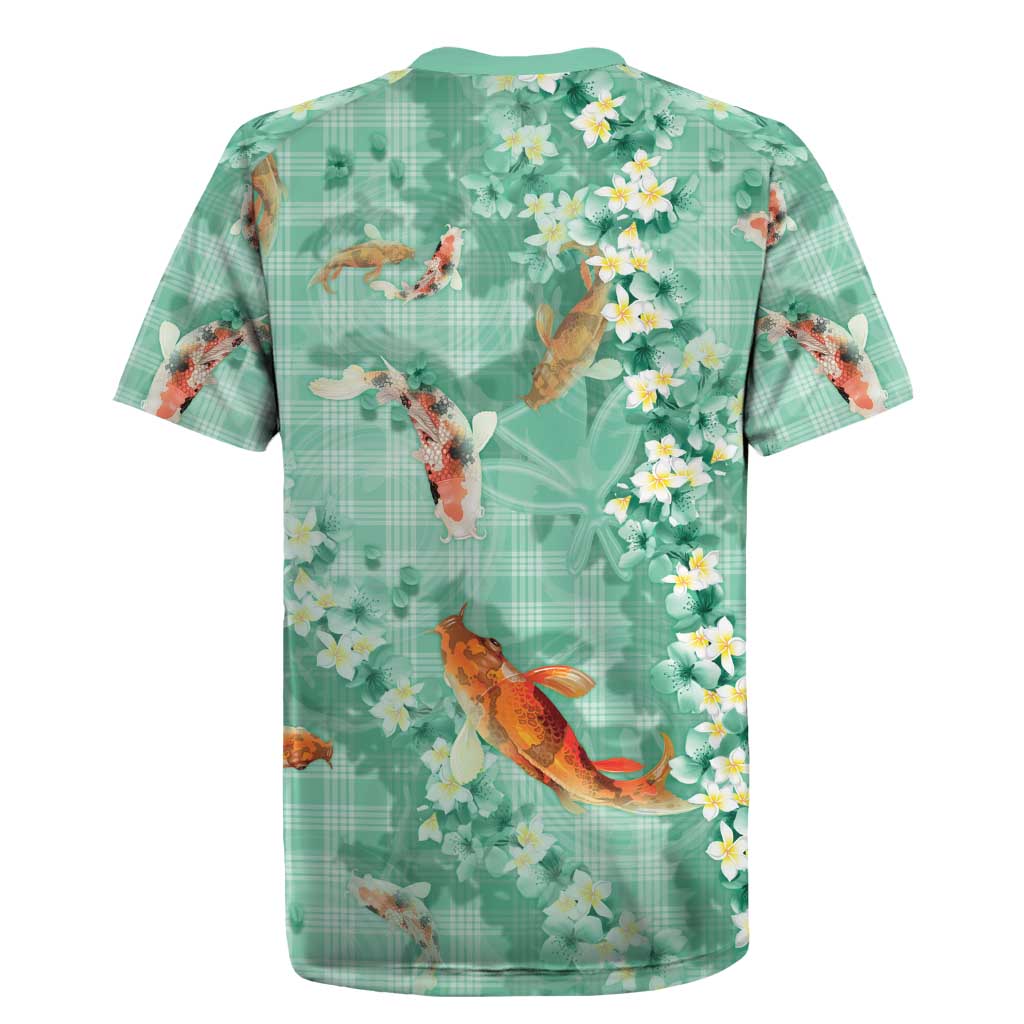 Green Palaka Hawaiian And Japanese Rugby Jersey Sakura Lei With Koi Fish - Polynesian Pride