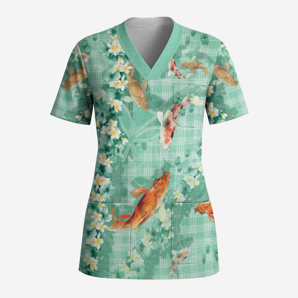 Green Palaka Hawaiian And Japanese Scrub Top Sakura Lei With Koi Fish DT05 Adult Green - Polynesian Pride