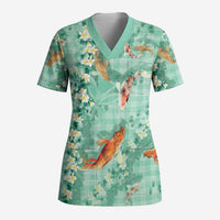 Green Palaka Hawaiian And Japanese Scrub Top Sakura Lei With Koi Fish - Polynesian Pride