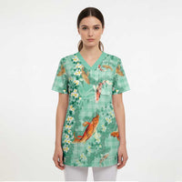 Green Palaka Hawaiian And Japanese Scrub Top Sakura Lei With Koi Fish - Polynesian Pride