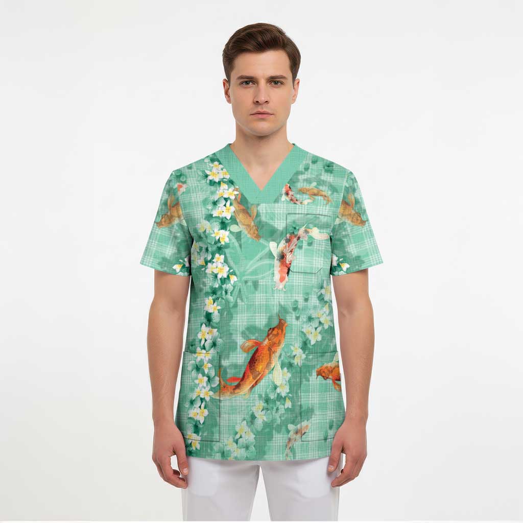 Green Palaka Hawaiian And Japanese Scrub Top Sakura Lei With Koi Fish - Polynesian Pride