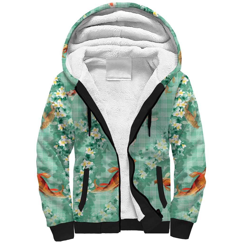 Green Palaka Hawaiian And Japanese Sherpa Hoodie Sakura Lei With Koi Fish DT05 Unisex Green - Polynesian Pride