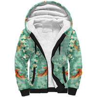 Green Palaka Hawaiian And Japanese Sherpa Hoodie Sakura Lei With Koi Fish - Polynesian Pride