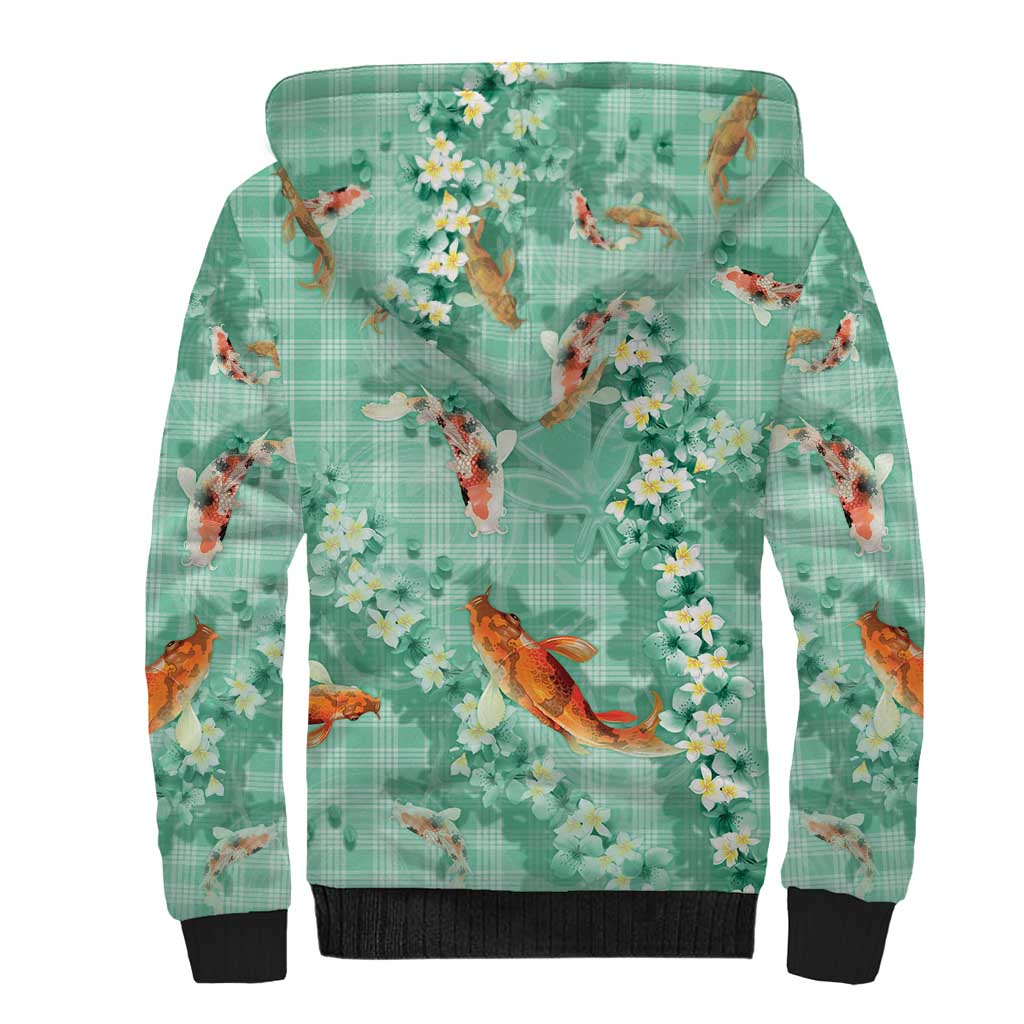 Green Palaka Hawaiian And Japanese Sherpa Hoodie Sakura Lei With Koi Fish - Polynesian Pride