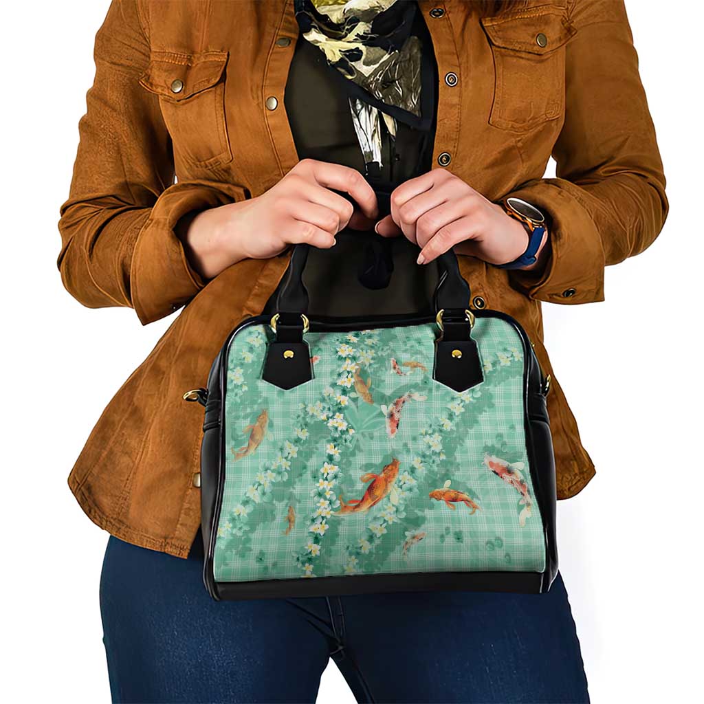 Green Palaka Hawaiian And Japanese Shoulder Handbag Sakura Lei With Koi Fish - Polynesian Pride