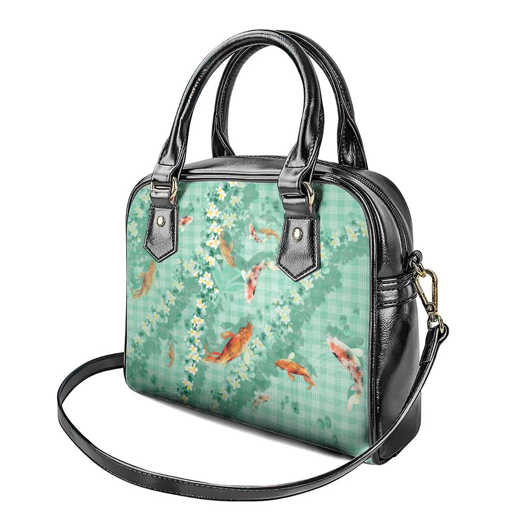 Green Palaka Hawaiian And Japanese Shoulder Handbag Sakura Lei With Koi Fish - Polynesian Pride
