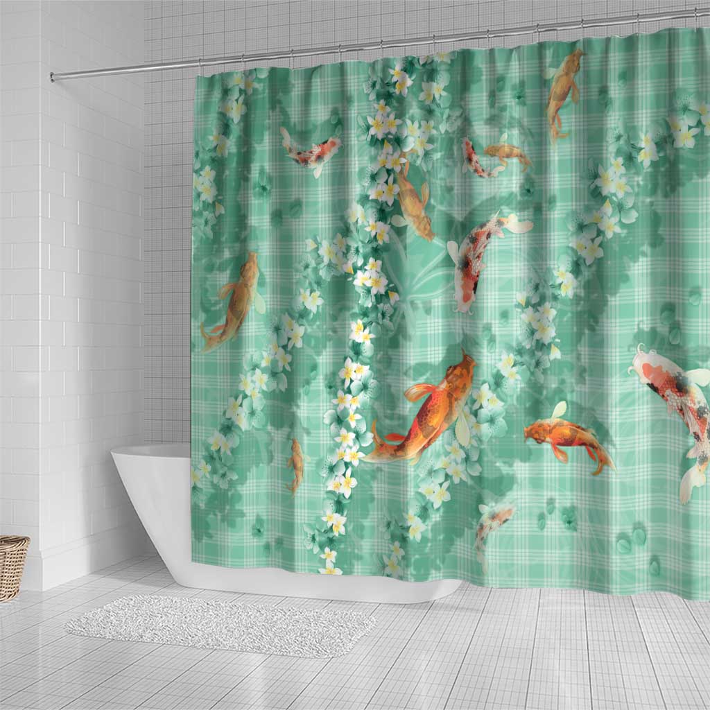 Green Palaka Hawaiian And Japanese Shower Curtain Sakura Lei With Koi Fish - Polynesian Pride