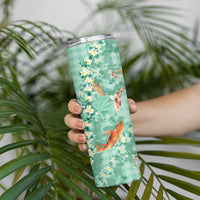 Green Palaka Hawaiian And Japanese Skinny Tumbler Sakura Lei With Koi Fish - Polynesian Pride
