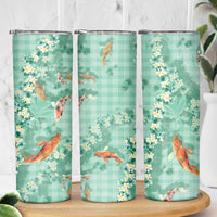 Green Palaka Hawaiian And Japanese Skinny Tumbler Sakura Lei With Koi Fish - Polynesian Pride