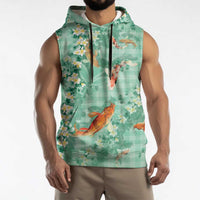 Green Palaka Hawaiian And Japanese Sleeveless Hoodie Sakura Lei With Koi Fish - Polynesian Pride