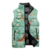 Green Palaka Hawaiian And Japanese Sleeveless Puffer Jacket Sakura Lei With Koi Fish - Polynesian Pride
