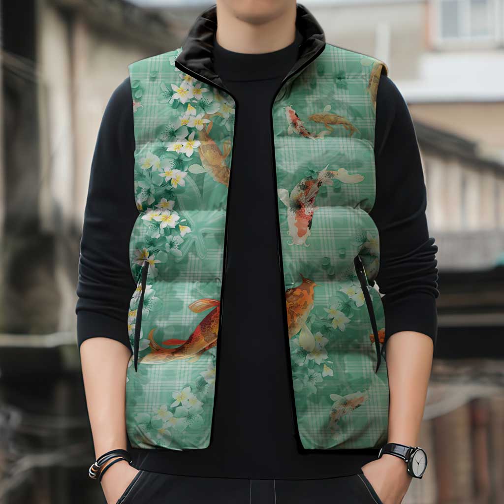 Green Palaka Hawaiian And Japanese Sleeveless Puffer Jacket Sakura Lei With Koi Fish - Polynesian Pride