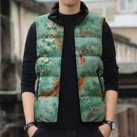 Green Palaka Hawaiian And Japanese Sleeveless Puffer Jacket Sakura Lei With Koi Fish - Polynesian Pride