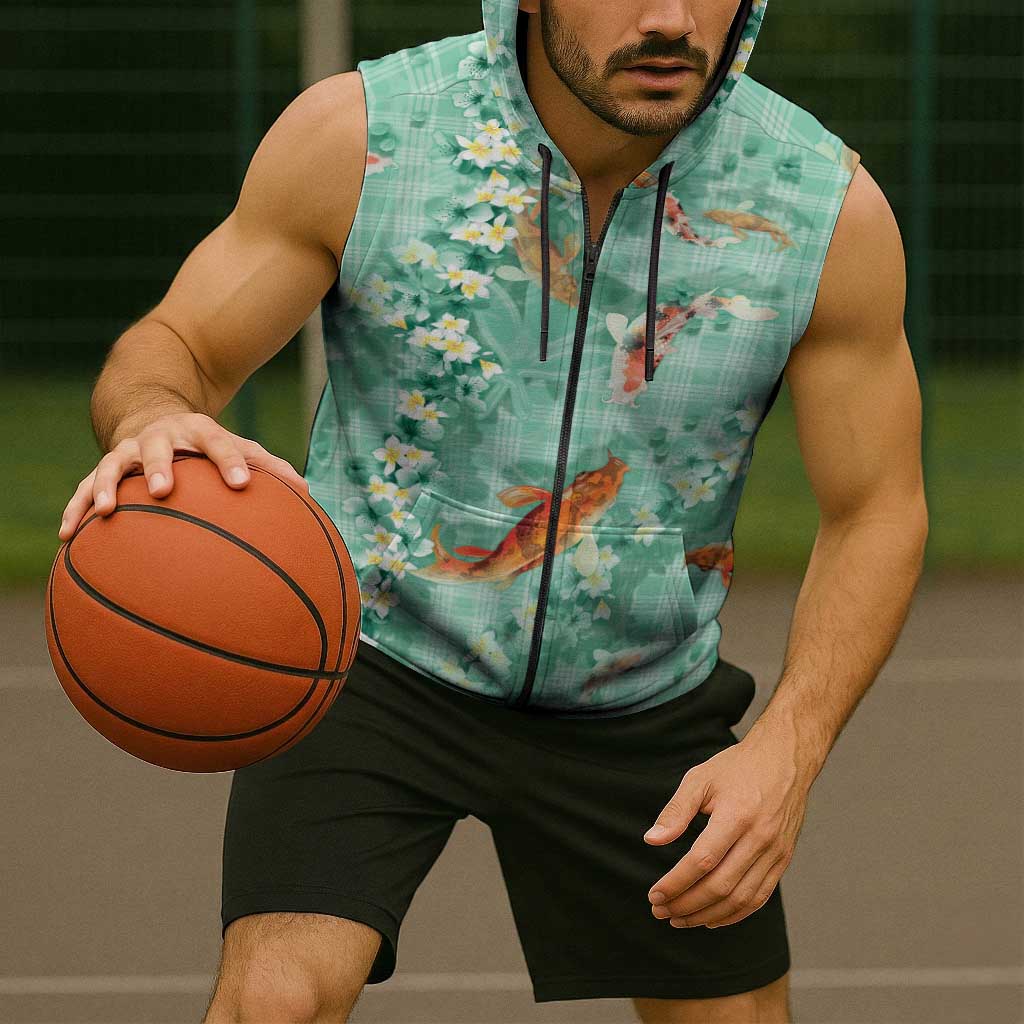 Green Palaka Hawaiian And Japanese Sleeveless Zip Hoodie Sakura Lei With Koi Fish - Polynesian Pride