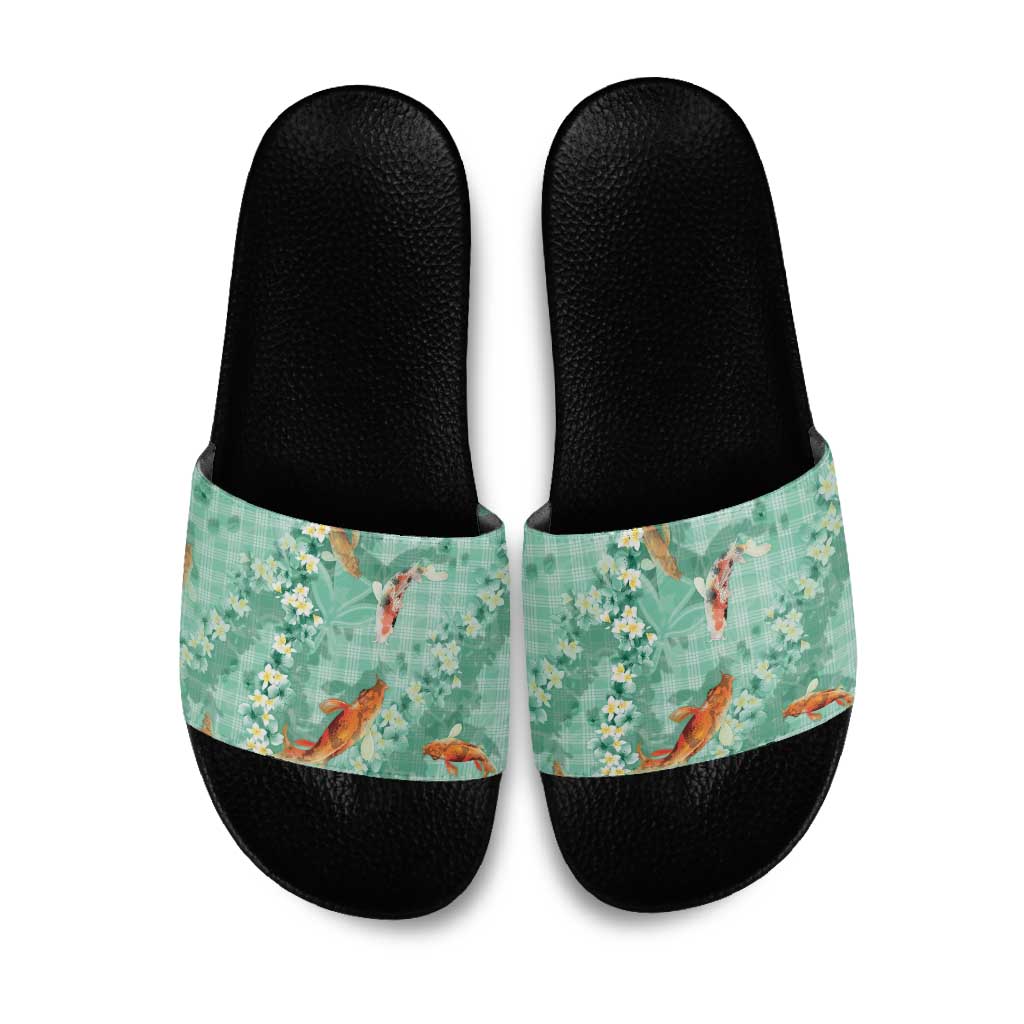 Green Palaka Hawaiian And Japanese Slide Sandals Sakura Lei With Koi Fish - Polynesian Pride