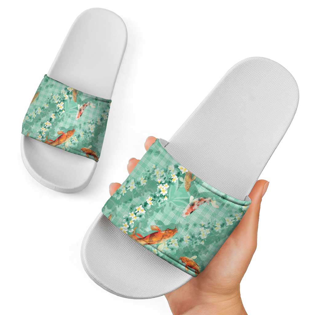 Green Palaka Hawaiian And Japanese Slide Sandals Sakura Lei With Koi Fish - Polynesian Pride