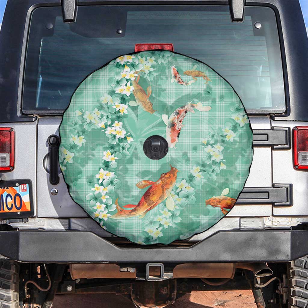 Green Palaka Hawaiian And Japanese Spare Tire Cover Sakura Lei With Koi Fish - Polynesian Pride