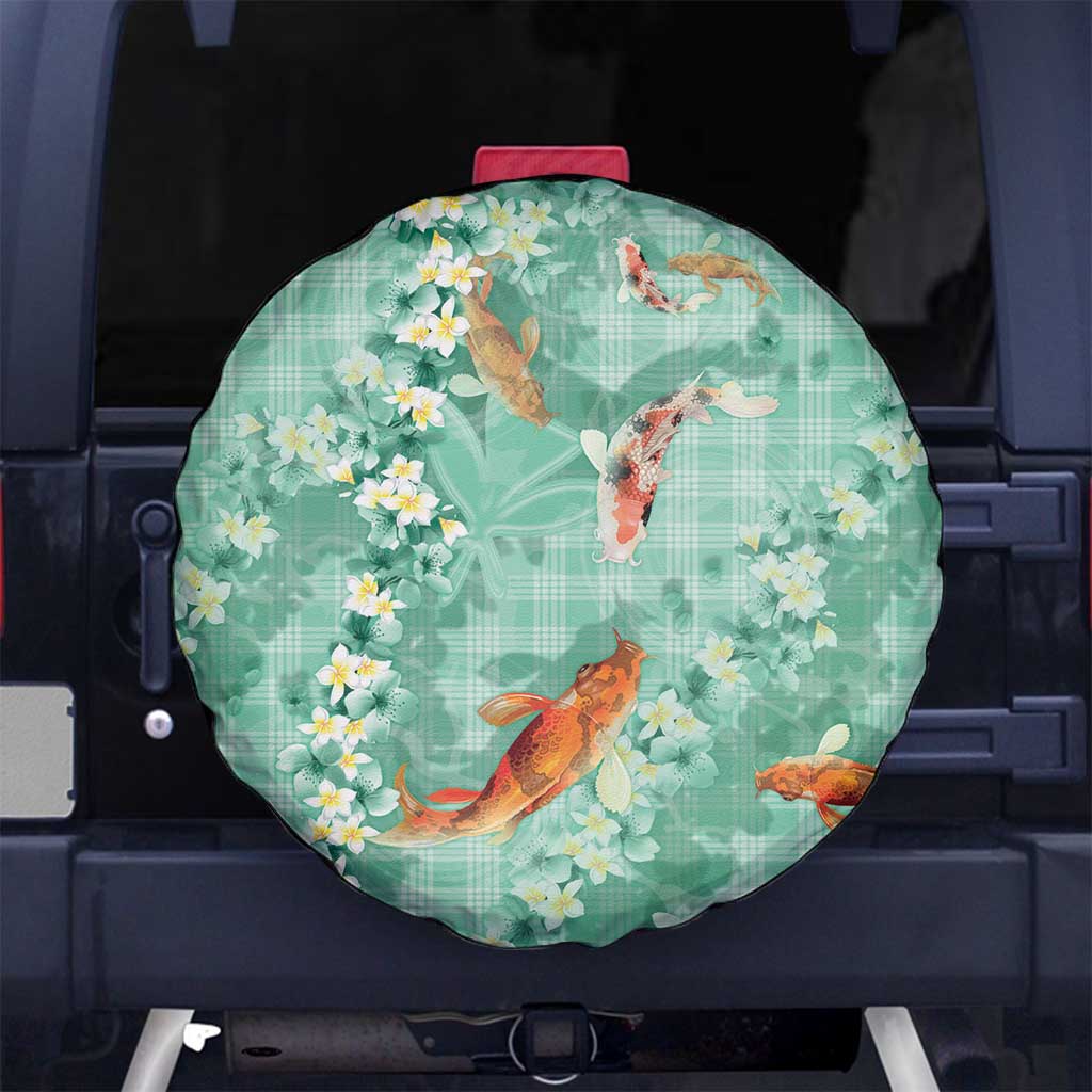 Green Palaka Hawaiian And Japanese Spare Tire Cover Sakura Lei With Koi Fish - Polynesian Pride
