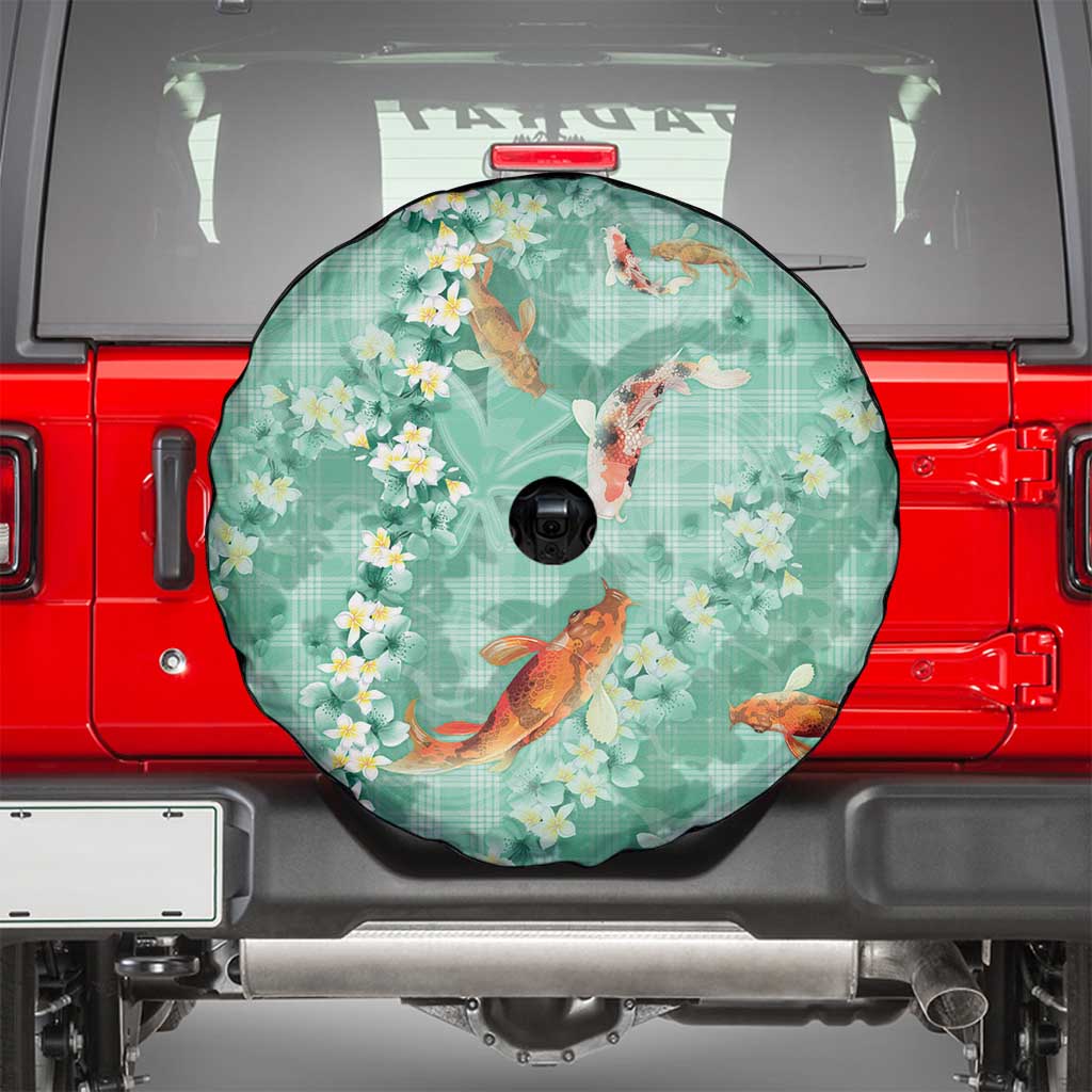 Green Palaka Hawaiian And Japanese Spare Tire Cover Sakura Lei With Koi Fish - Polynesian Pride