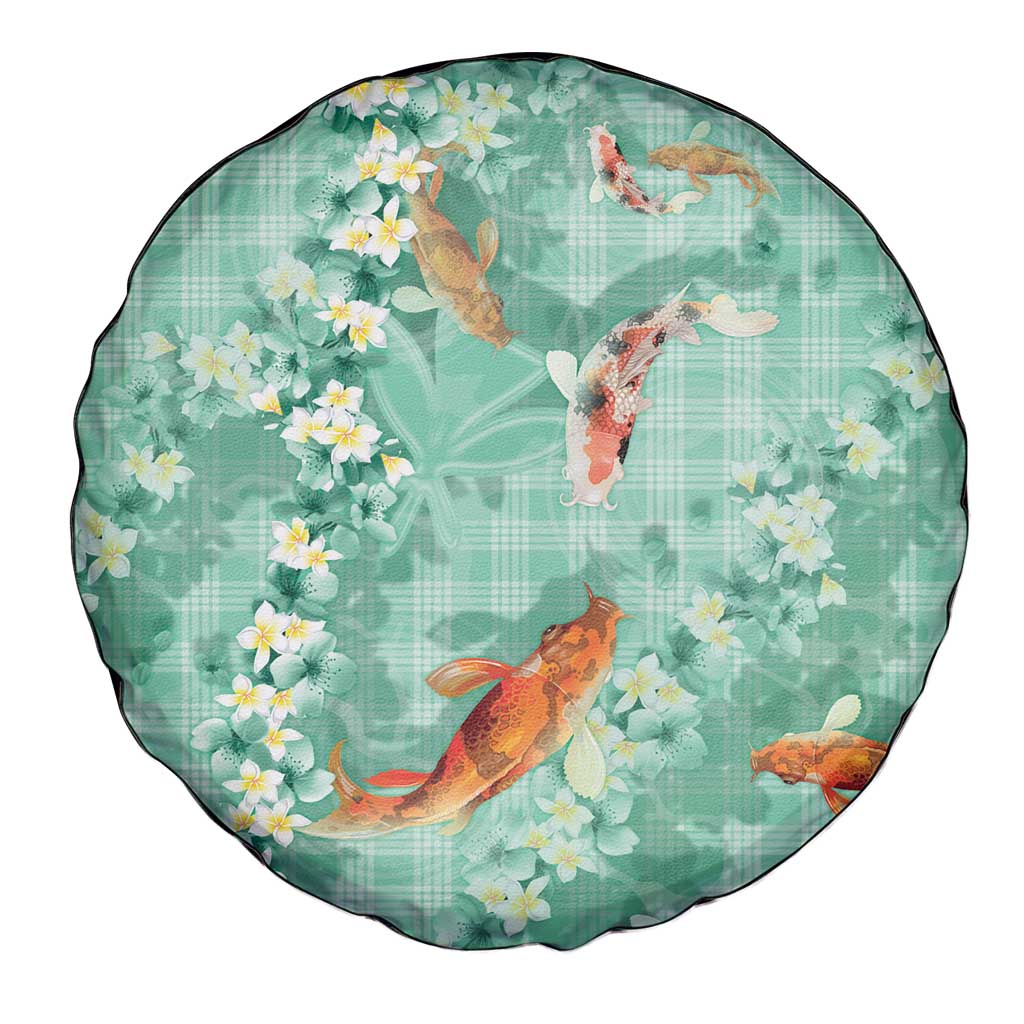 Green Palaka Hawaiian And Japanese Spare Tire Cover Sakura Lei With Koi Fish - Polynesian Pride
