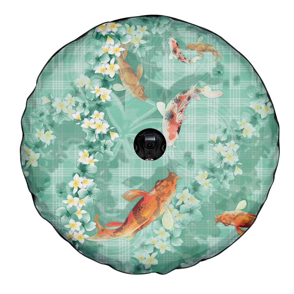 Green Palaka Hawaiian And Japanese Spare Tire Cover Sakura Lei With Koi Fish - Polynesian Pride