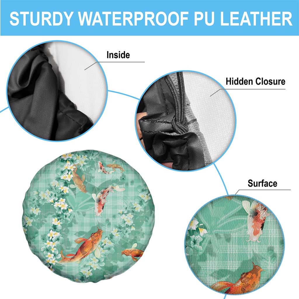 Green Palaka Hawaiian And Japanese Spare Tire Cover Sakura Lei With Koi Fish - Polynesian Pride