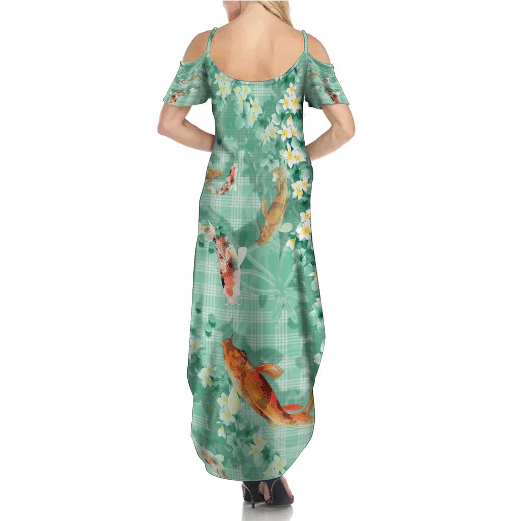 Green Palaka Hawaiian And Japanese Summer Maxi Dress Sakura Lei With Koi Fish - Polynesian Pride