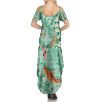 Green Palaka Hawaiian And Japanese Summer Maxi Dress Sakura Lei With Koi Fish - Polynesian Pride