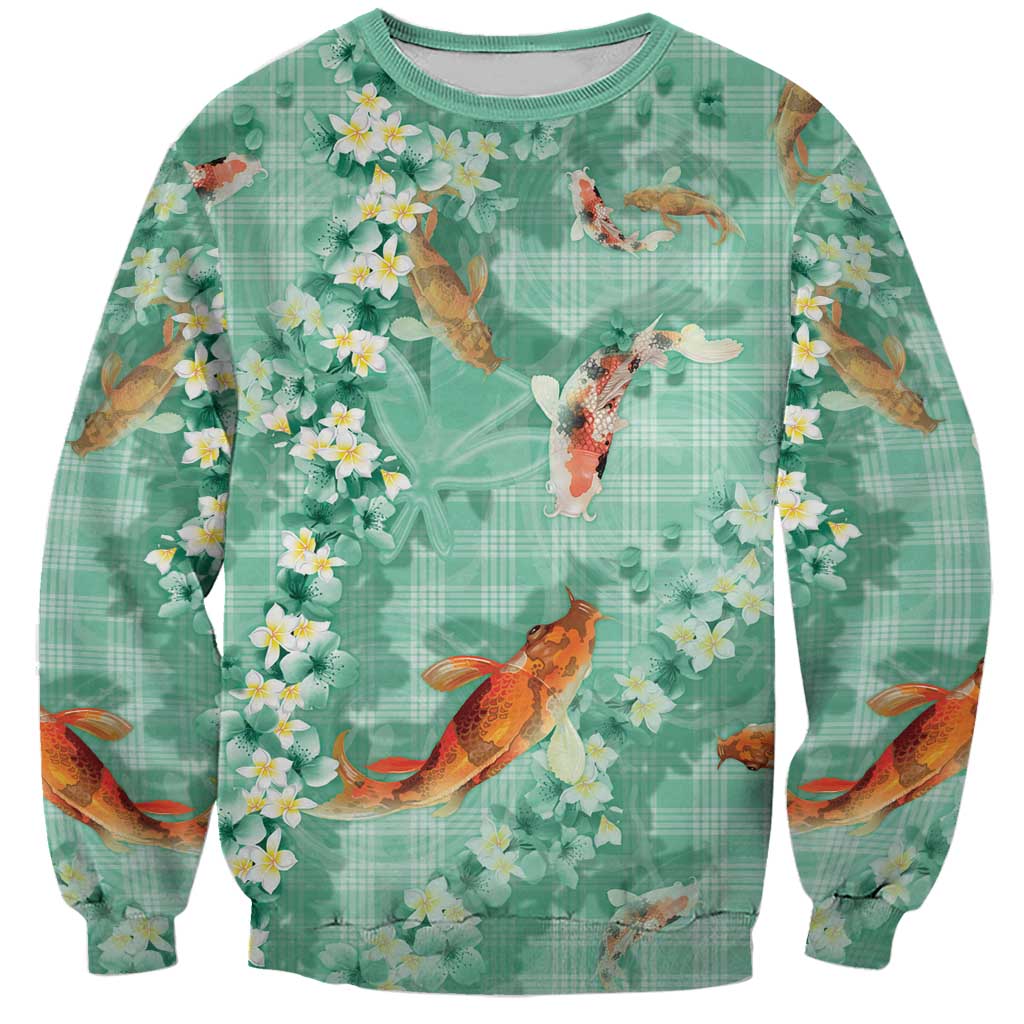 Green Palaka Hawaiian And Japanese Sweatshirt Sakura Lei With Koi Fish - Polynesian Pride