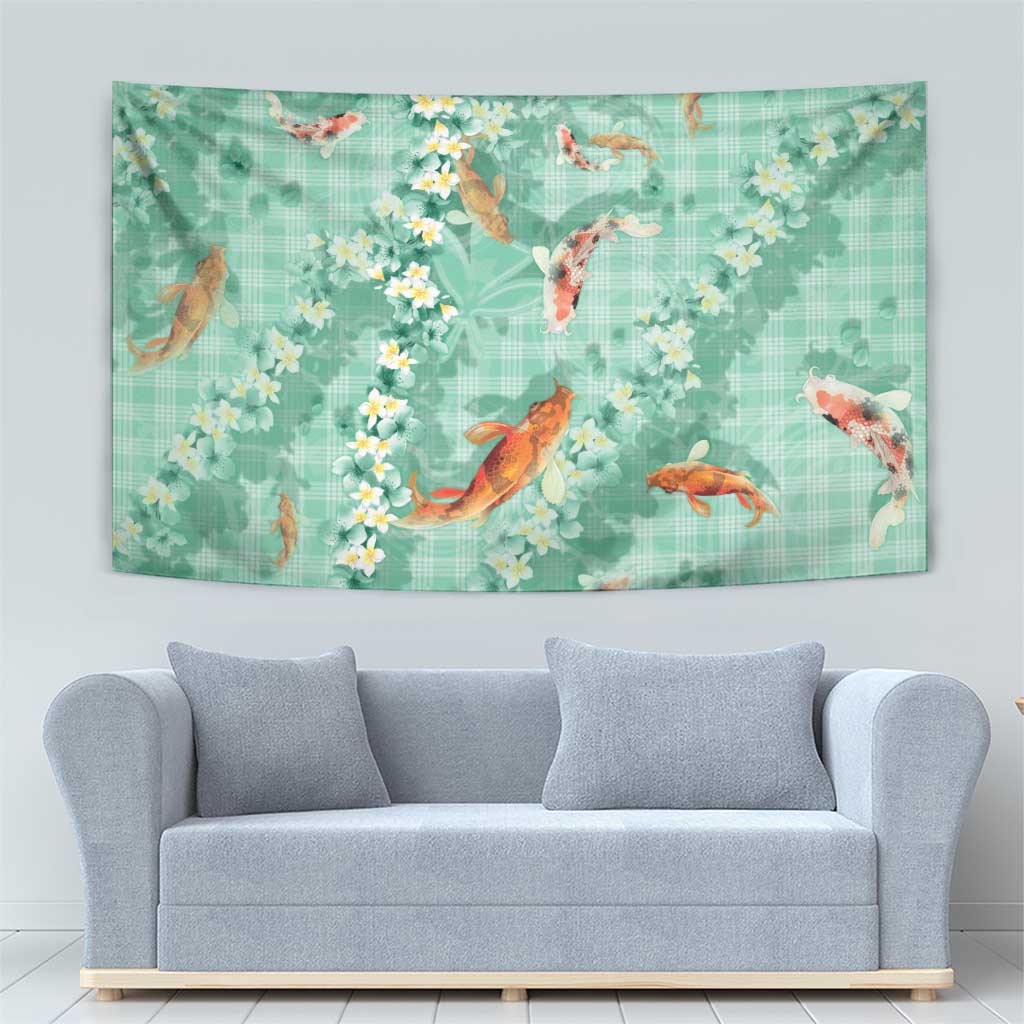 Green Palaka Hawaiian And Japanese Tapestry Sakura Lei With Koi Fish - Polynesian Pride
