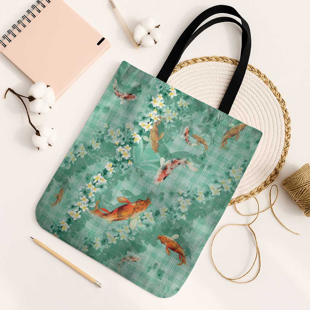 Green Palaka Hawaiian And Japanese Tote Bag Sakura Lei With Koi Fish - Polynesian Pride