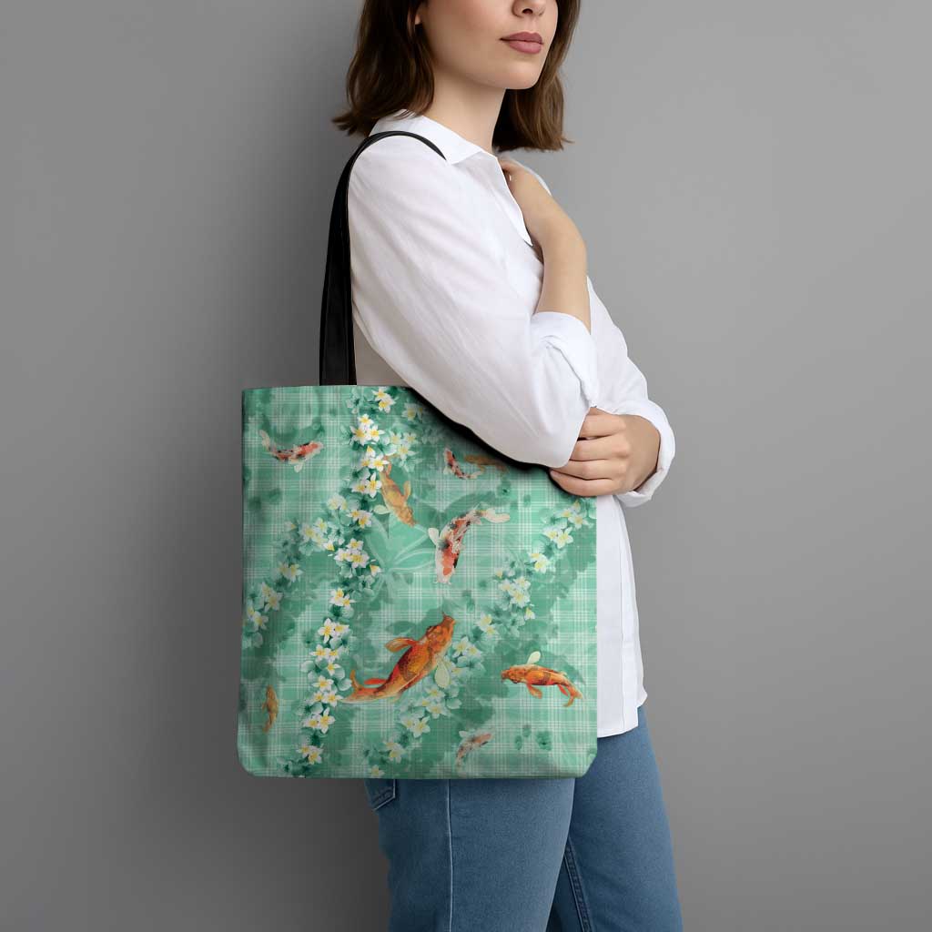 Green Palaka Hawaiian And Japanese Tote Bag Sakura Lei With Koi Fish - Polynesian Pride