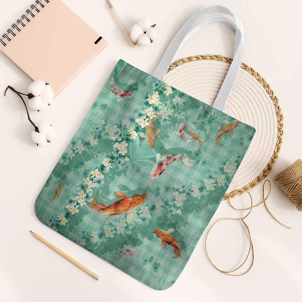 Green Palaka Hawaiian And Japanese Tote Bag Sakura Lei With Koi Fish - Polynesian Pride
