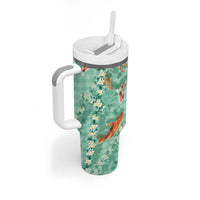 Green Palaka Hawaiian And Japanese Tumbler With Handle Sakura Lei With Koi Fish - Polynesian Pride