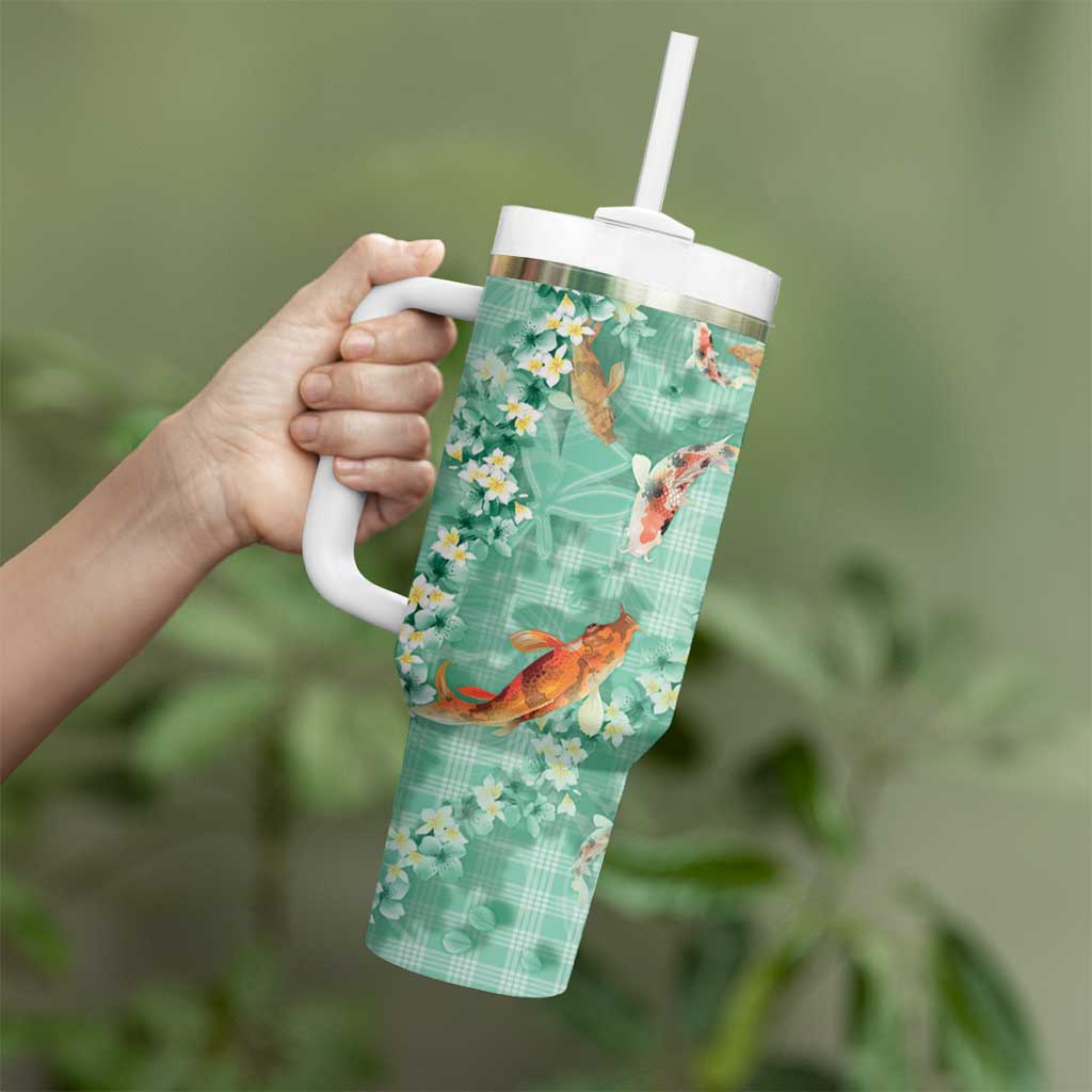 Green Palaka Hawaiian And Japanese Tumbler With Handle Sakura Lei With Koi Fish - Polynesian Pride