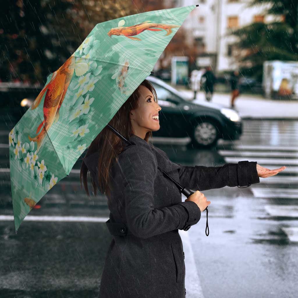 Green Palaka Hawaiian And Japanese Umbrella Sakura Lei With Koi Fish - Polynesian Pride