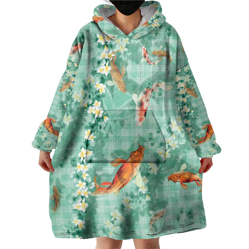 Green Palaka Hawaiian And Japanese Wearable Blanket Hoodie Sakura Lei With Koi Fish - Polynesian Pride