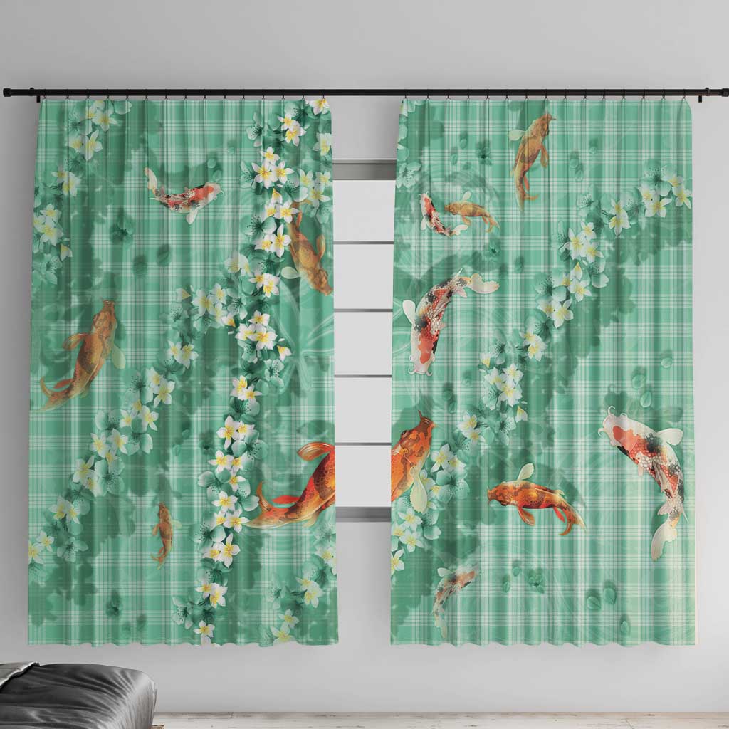 Green Palaka Hawaiian And Japanese Window Curtain Sakura Lei With Koi Fish - Polynesian Pride