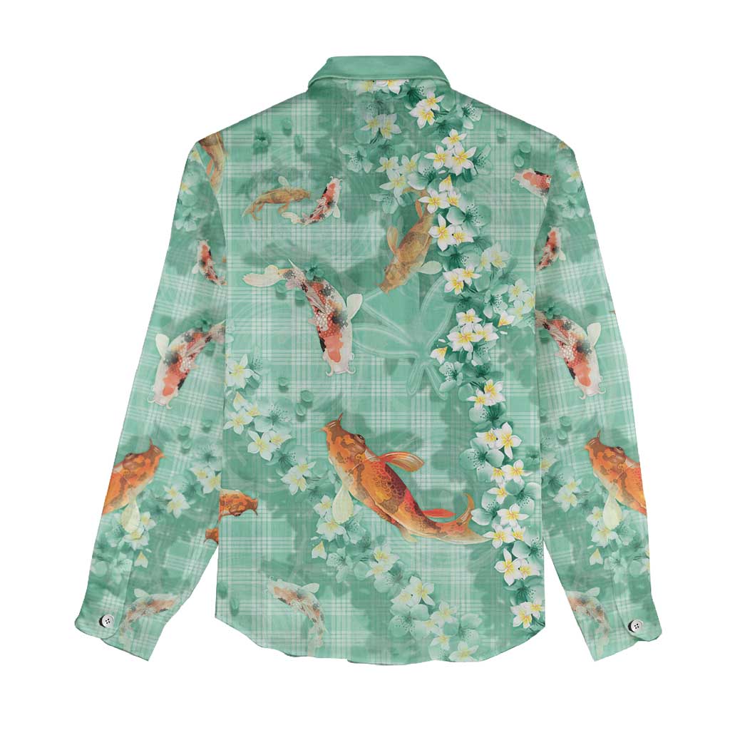 Green Palaka Hawaiian And Japanese Women Casual Shirt Sakura Lei With Koi Fish - Polynesian Pride