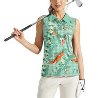 Green Palaka Hawaiian And Japanese Women Sleeveless Polo Shirt Sakura Lei With Koi Fish - Polynesian Pride