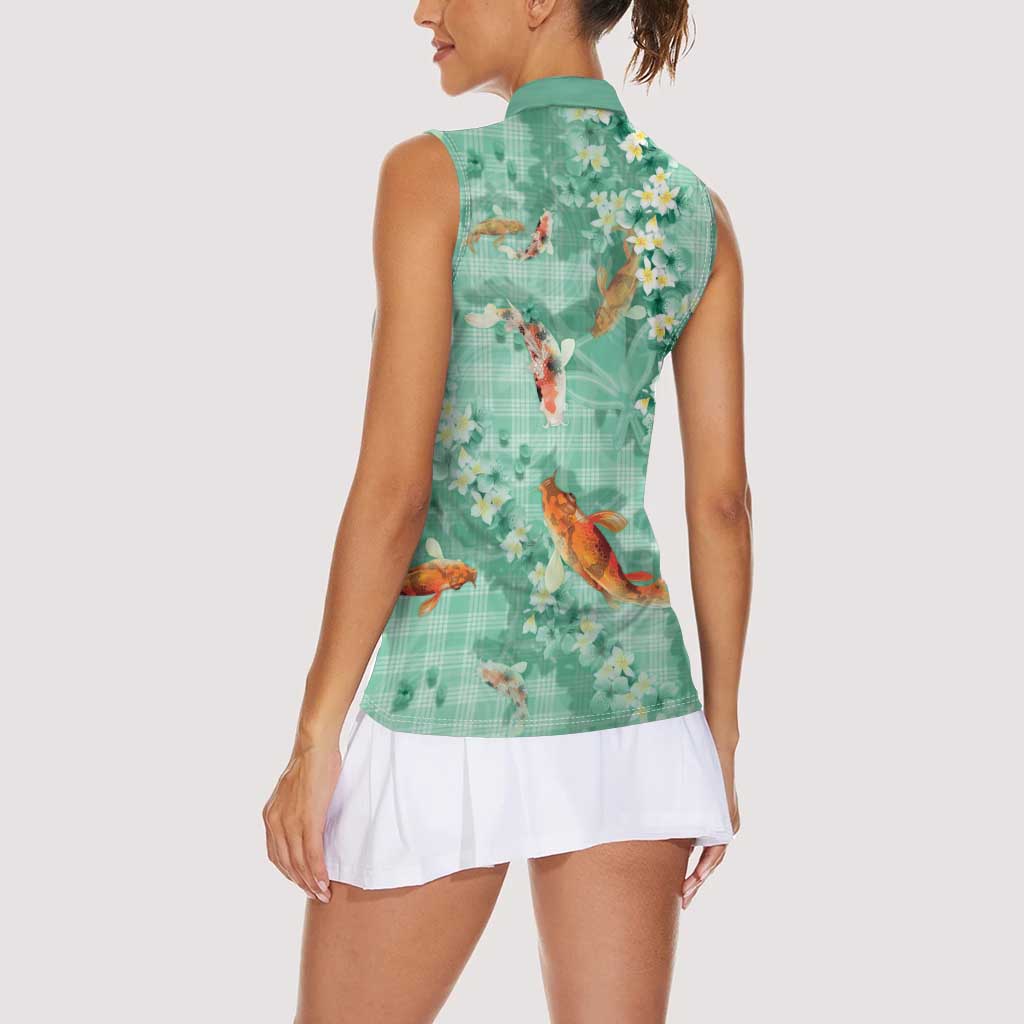 Green Palaka Hawaiian And Japanese Women Sleeveless Polo Shirt Sakura Lei With Koi Fish - Polynesian Pride
