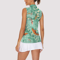Green Palaka Hawaiian And Japanese Women Sleeveless Polo Shirt Sakura Lei With Koi Fish - Polynesian Pride