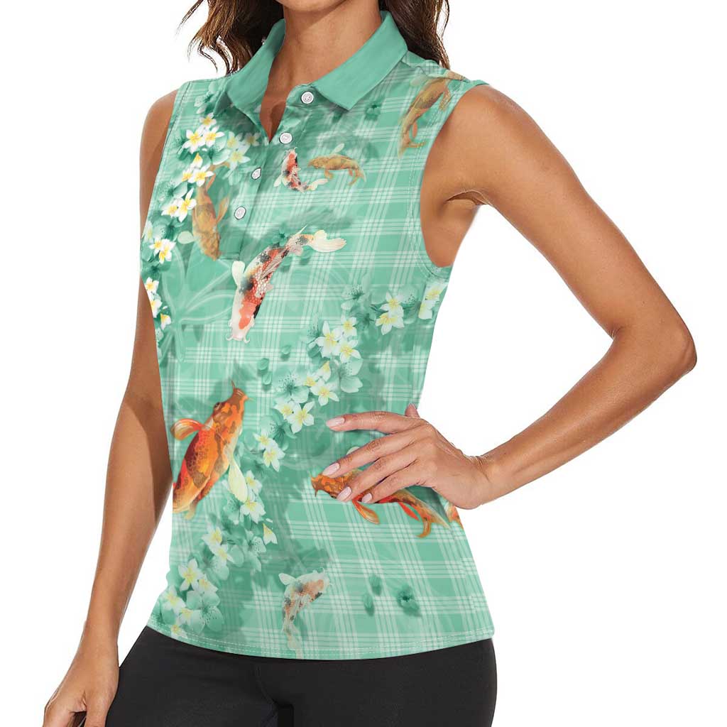 Green Palaka Hawaiian And Japanese Women Sleeveless Polo Shirt Sakura Lei With Koi Fish - Polynesian Pride
